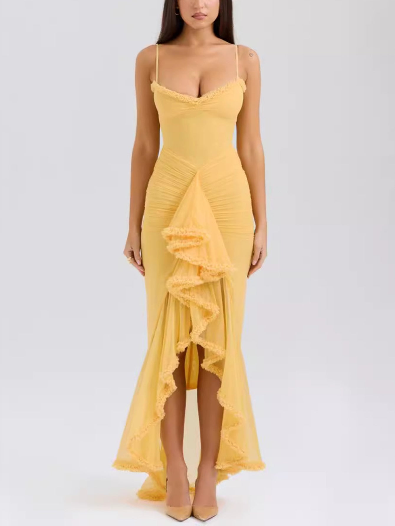 Nora Premium Maxi Dress with Spaghetti Straps and Ruffles Elevated Occasion Wear