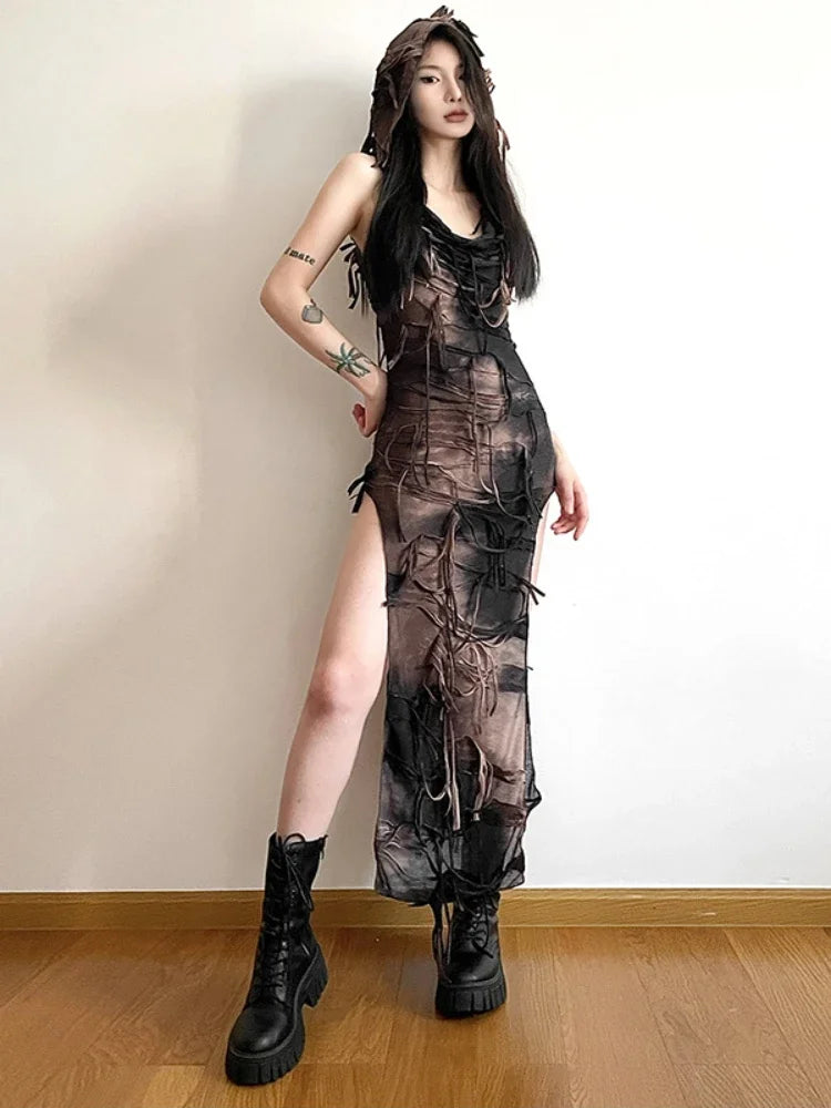 Tassel Classic Gothic Hooded Midi Dress Fairy Grunge Y2K High Split Sleeveless Tie Dye Dress