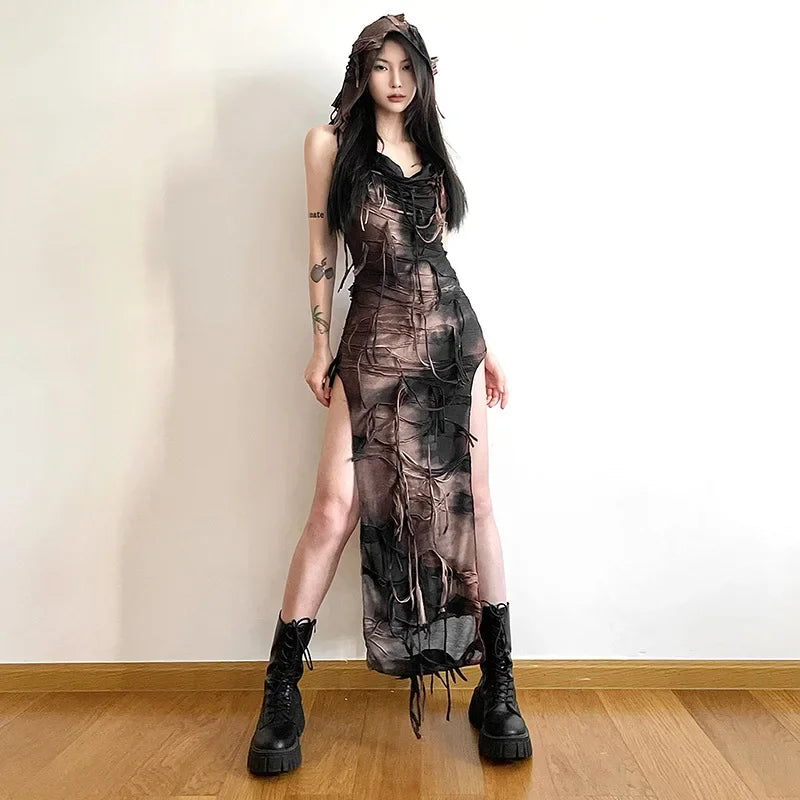 Tassel Classic Gothic Hooded Midi Dress Fairy Grunge Y2K High Split Sleeveless Tie Dye Dress