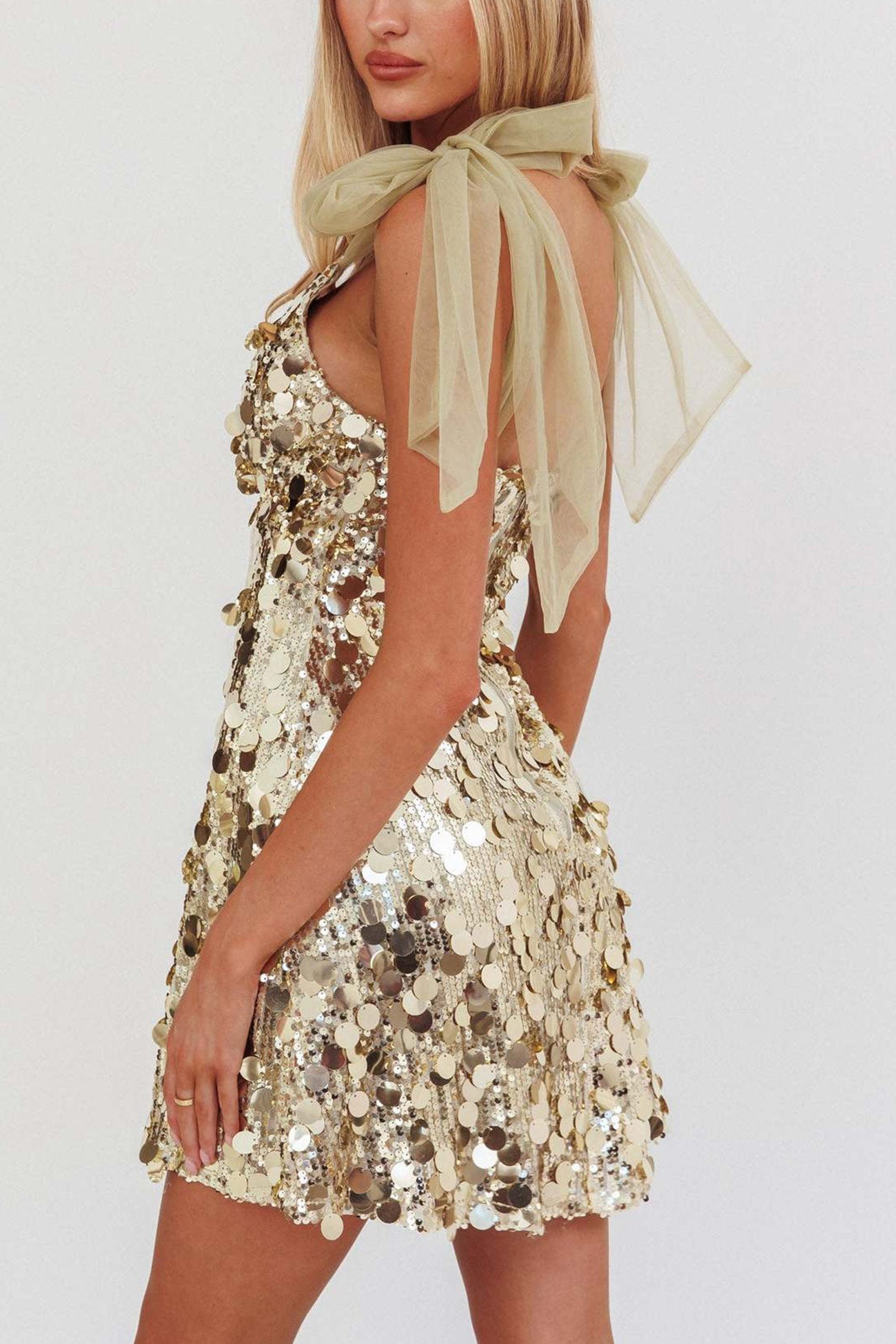 up Tie Low Cut Sequin Mini Dress