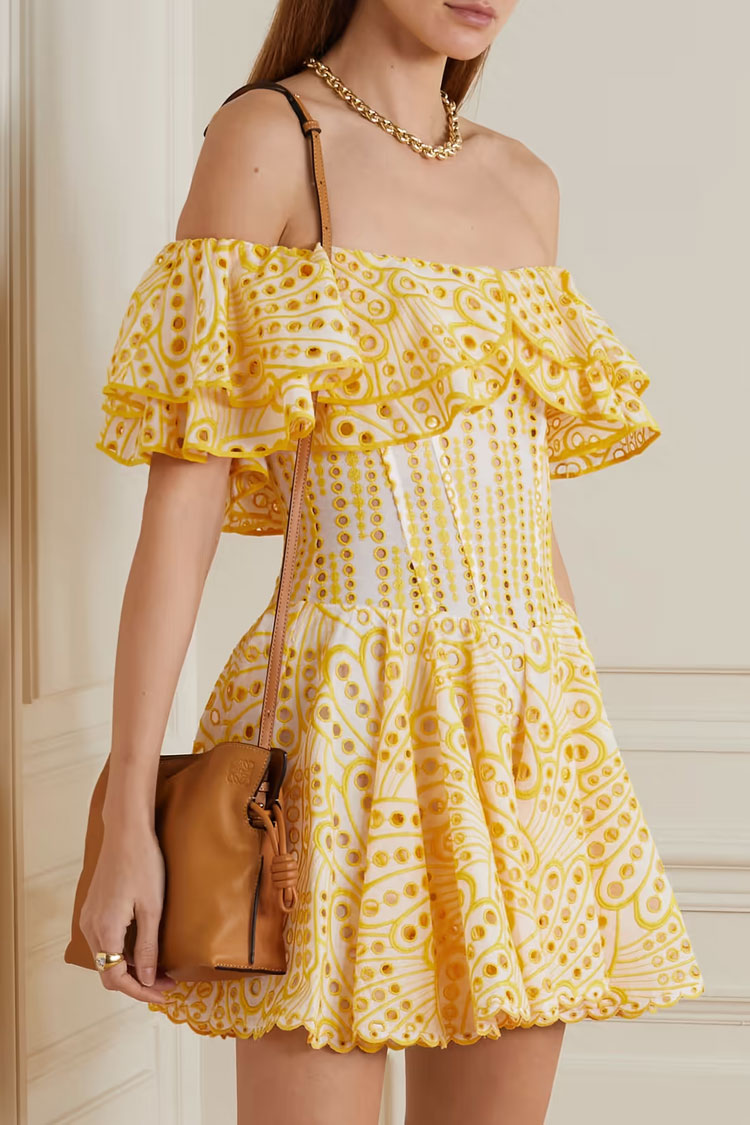 Off Tiered Shoulder Broderie Anglaise Ruffle Mini Dress - Yellow