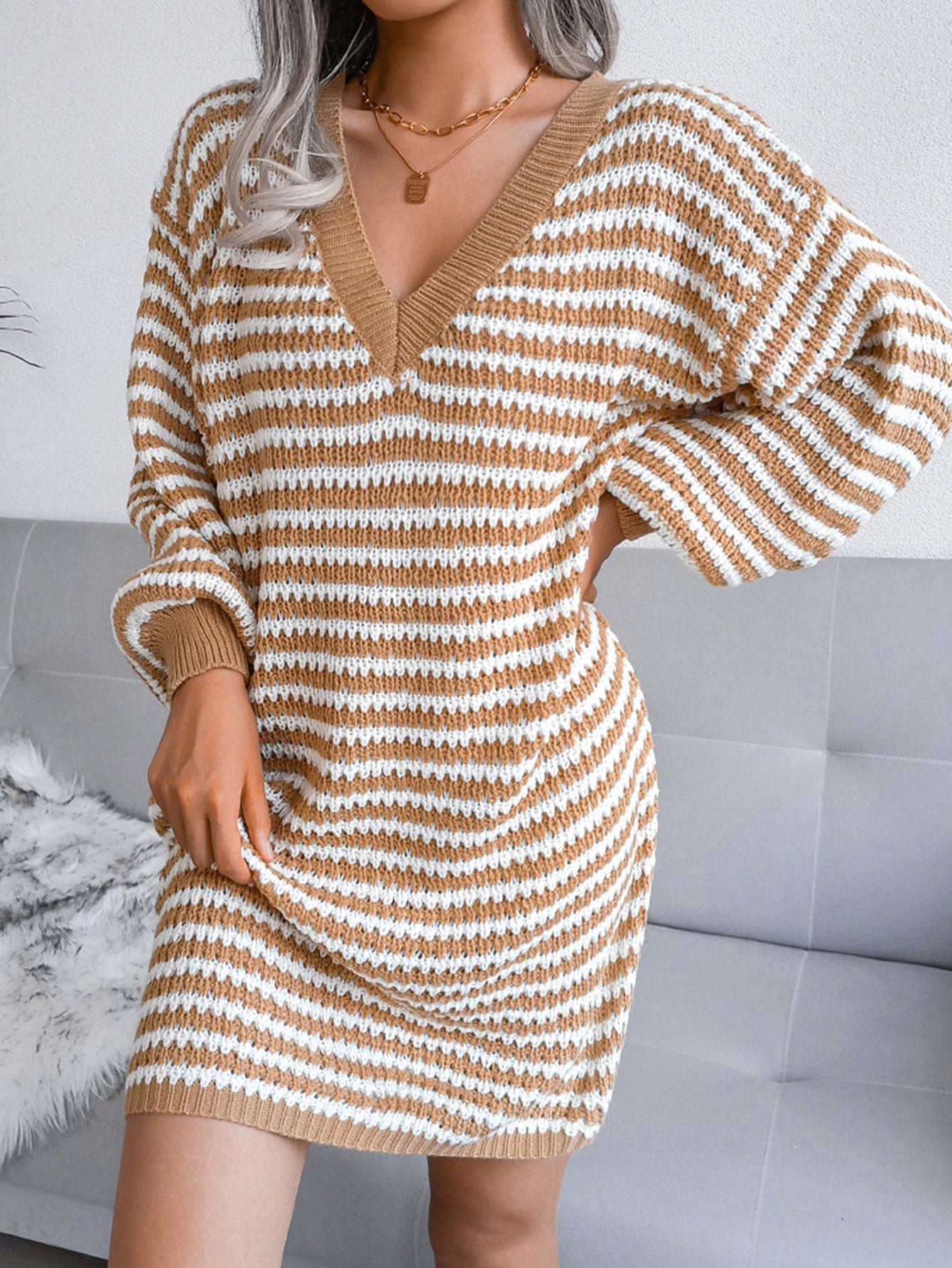 Neck V Bishop Sleeve Striped Sweater Dress
