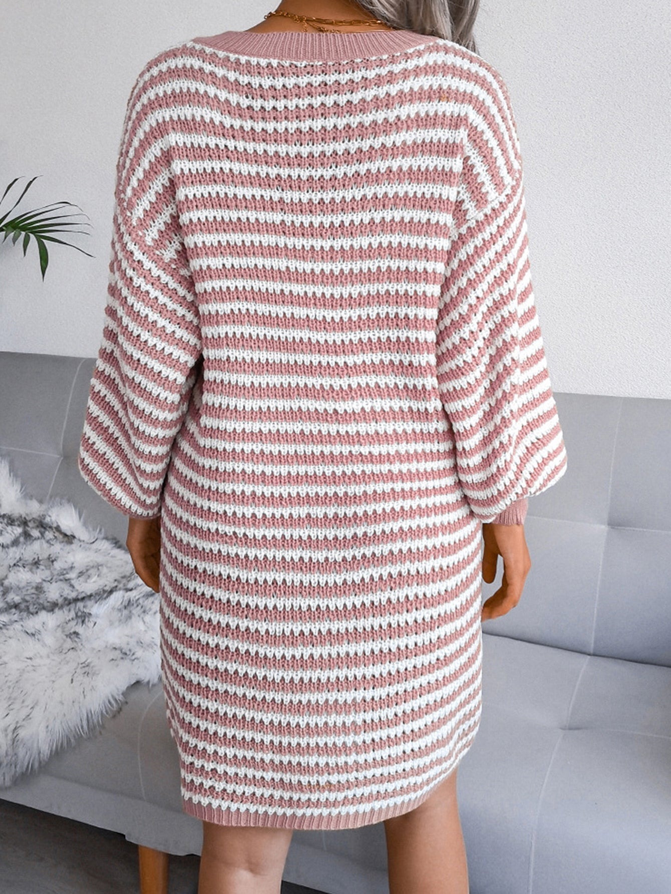 Neck V Bishop Sleeve Striped Sweater Dress
