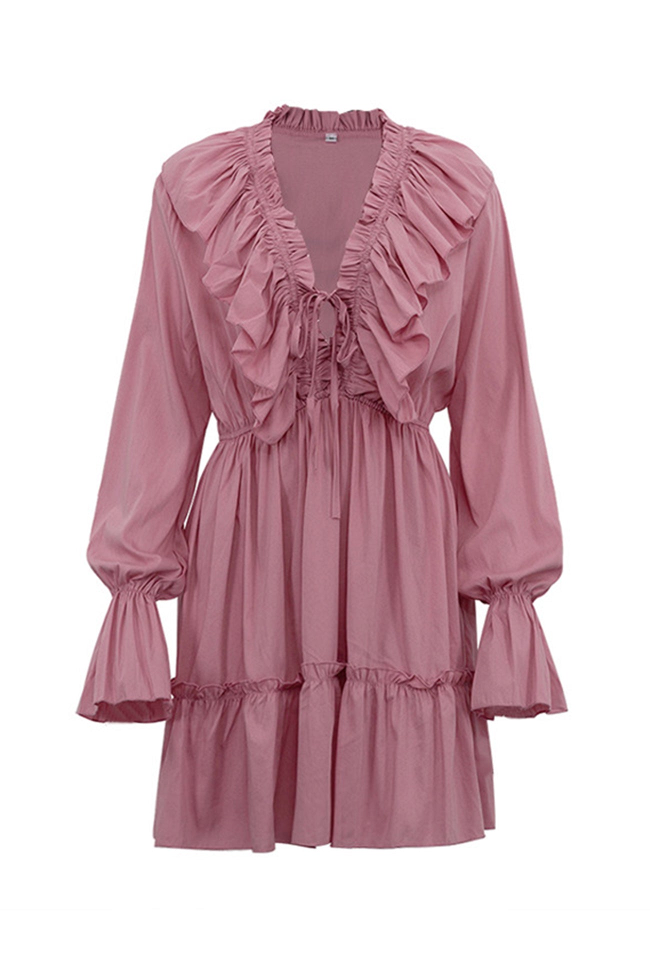Neck V Pleated Trumpet Sleeve Ruffle Dress