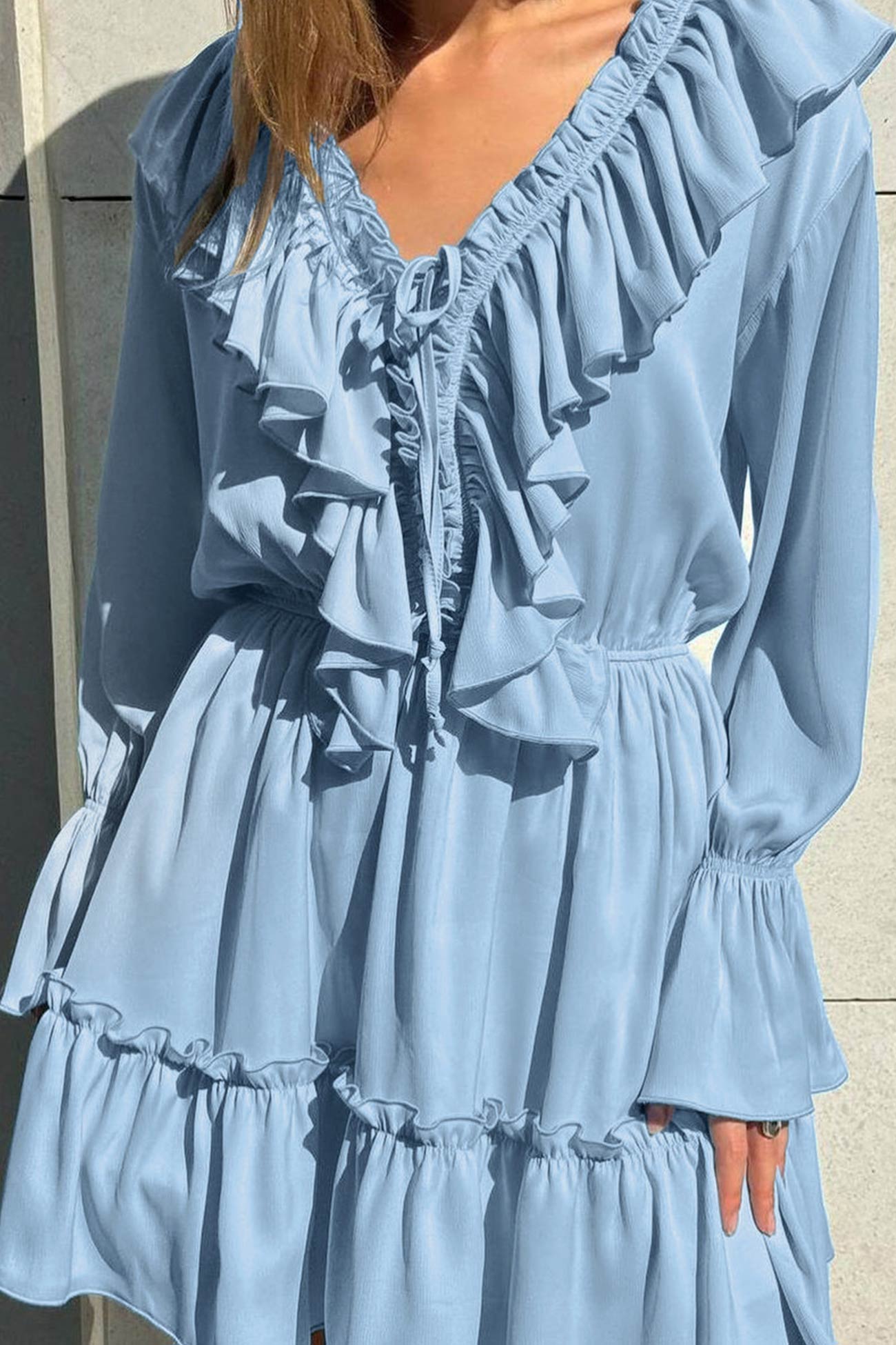 Neck V Pleated Trumpet Sleeve Ruffle Dress