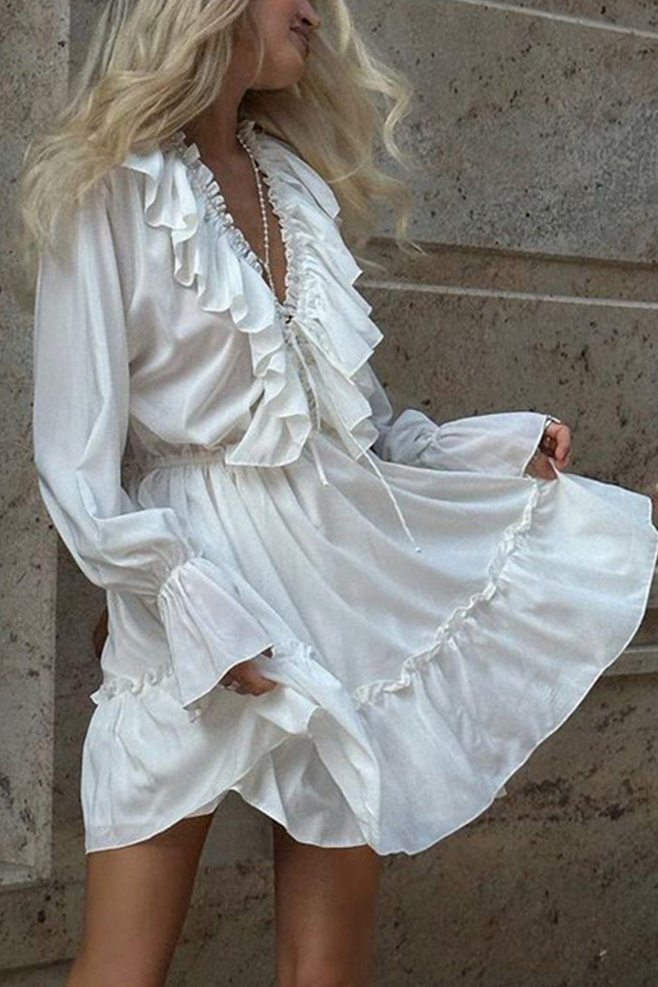 Neck V Pleated Trumpet Sleeve Ruffle Dress