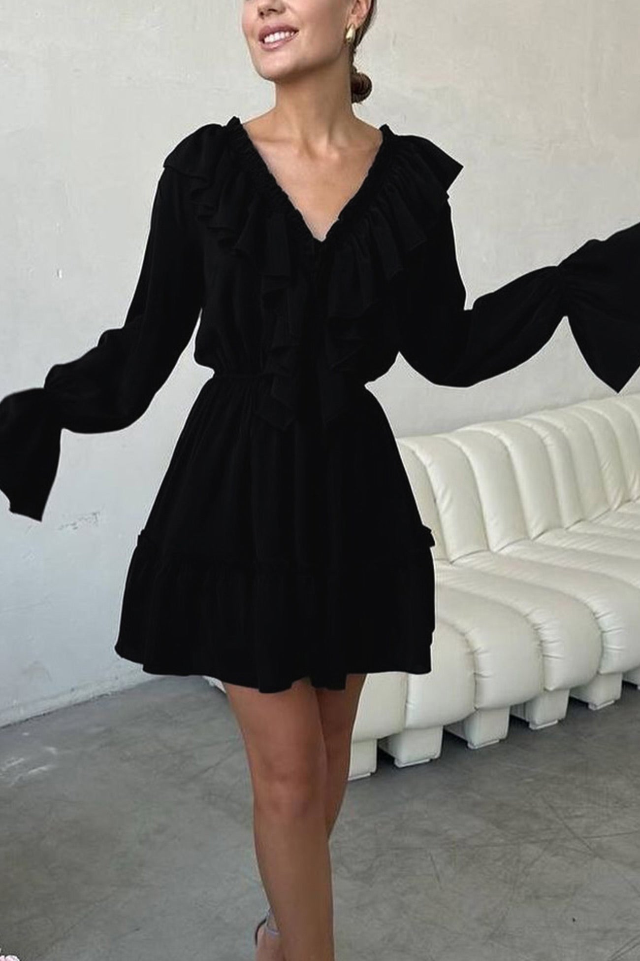 Neck V Pleated Trumpet Sleeve Ruffle Dress