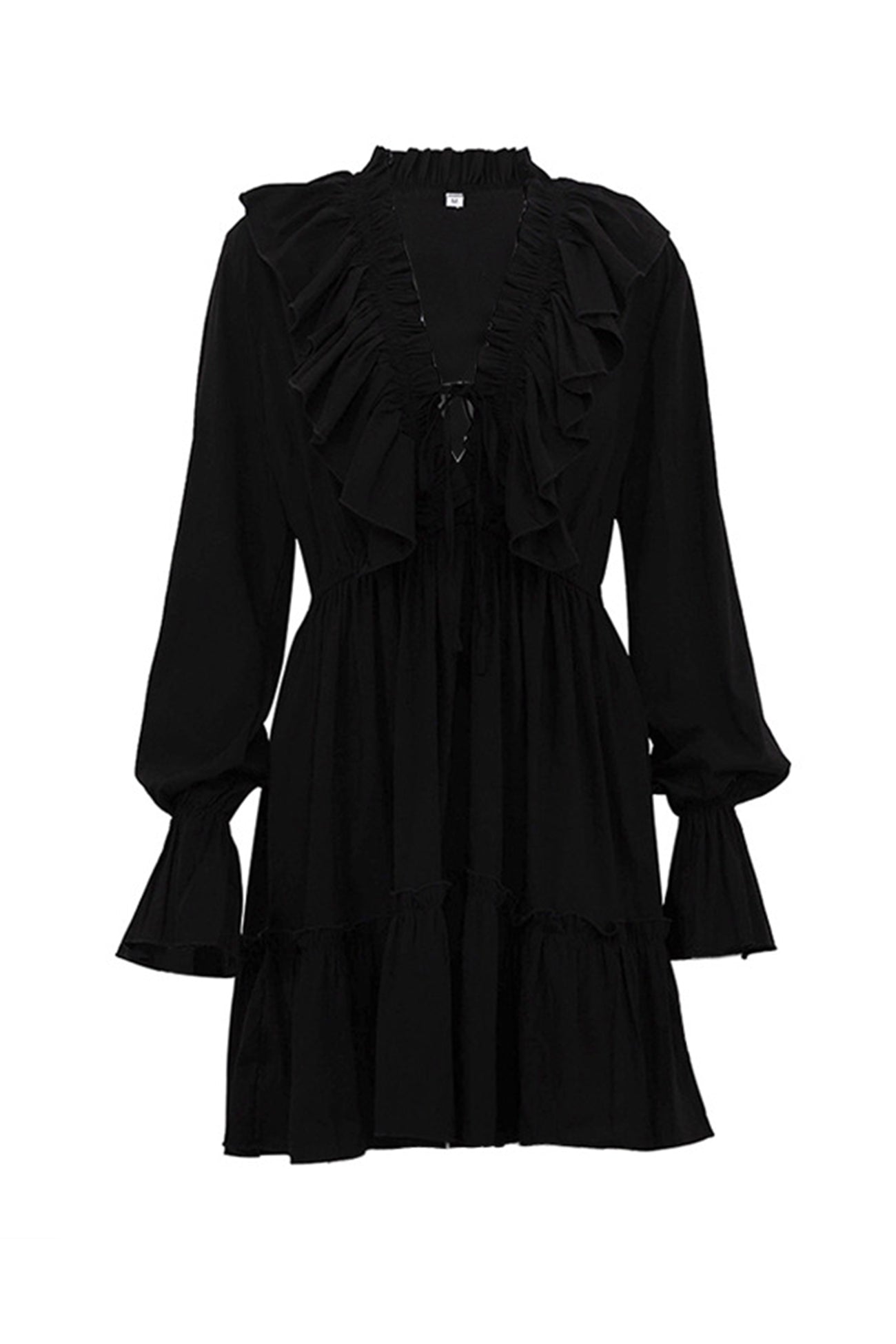 Neck V Pleated Trumpet Sleeve Ruffle Dress