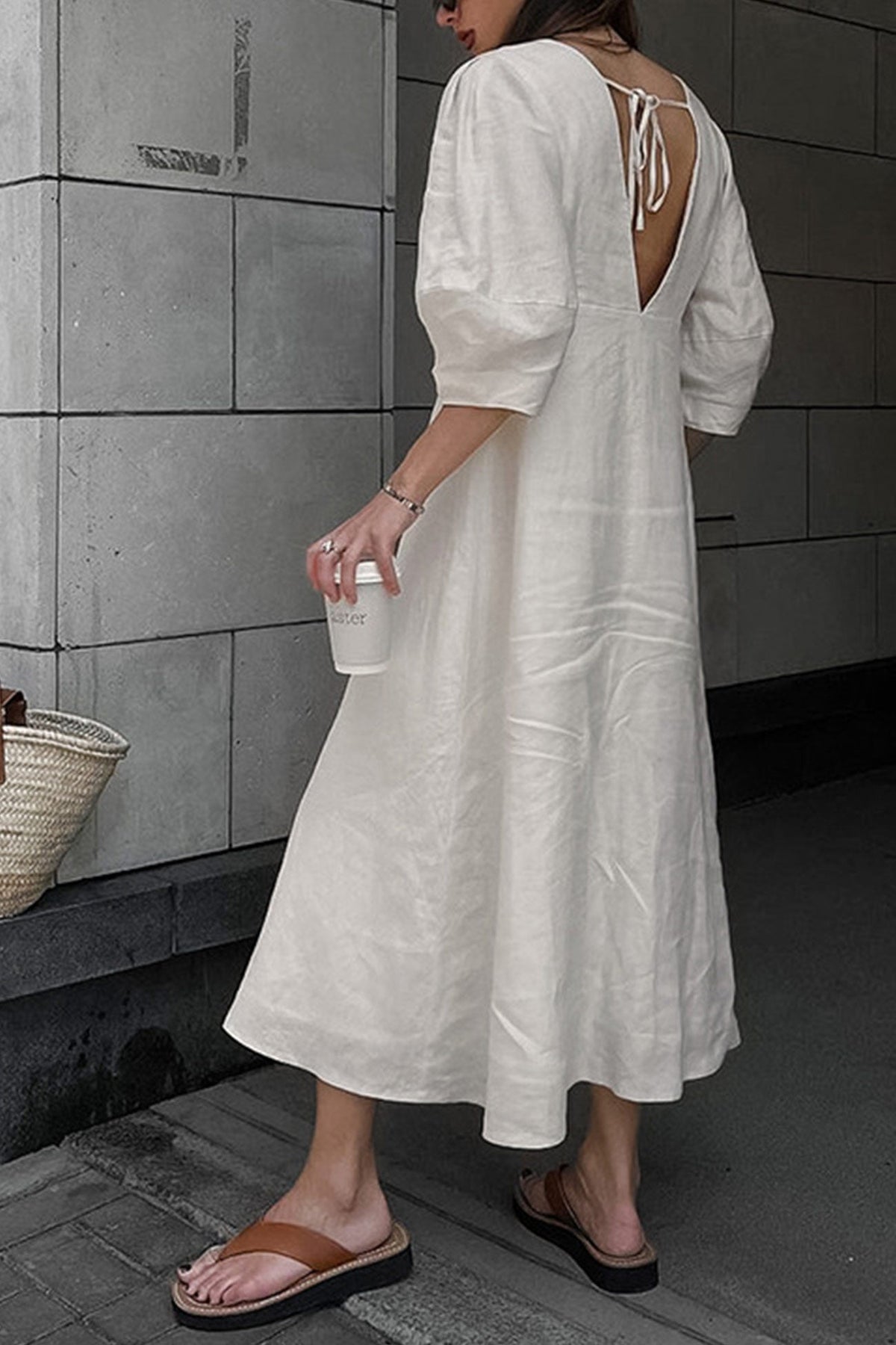 Neck V Single breasted Cotton Linen A line Dress