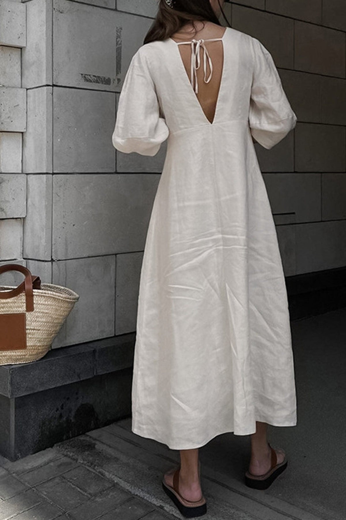 Neck V Single breasted Cotton Linen A line Dress