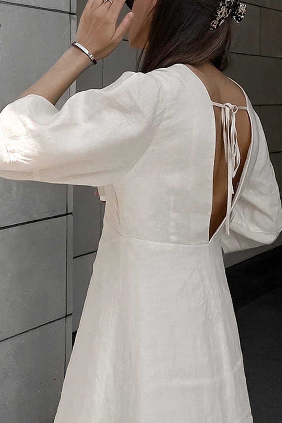 Neck V Single breasted Cotton Linen A line Dress