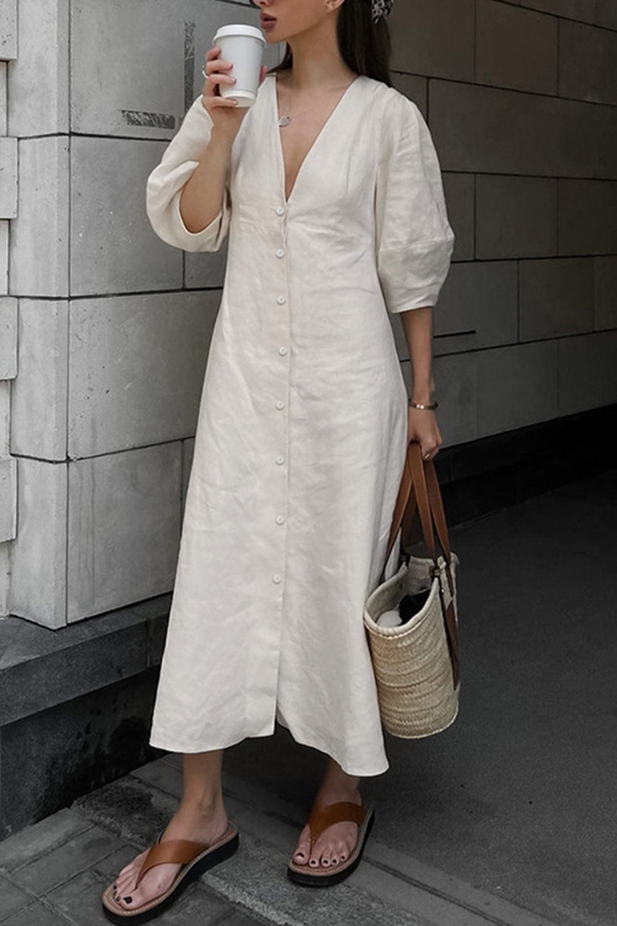 Neck V Single breasted Cotton Linen A line Dress