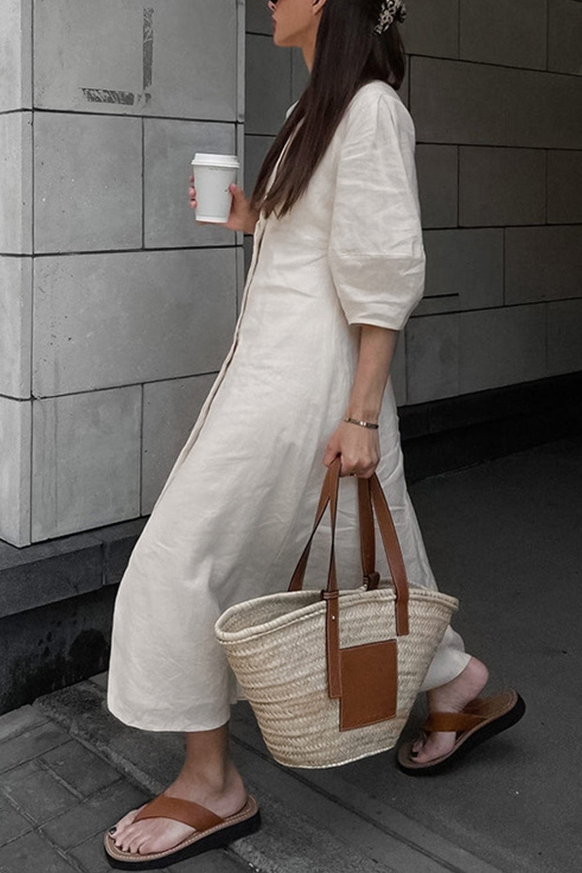 Neck V Single breasted Cotton Linen A line Dress