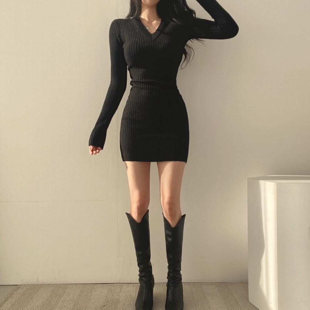 neck V Knitted Mini Dress