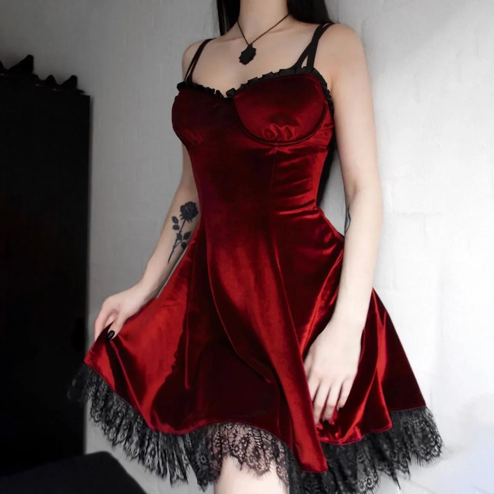 Timeless Gothic Velvet Spaghetti Strap Black Mini Dress