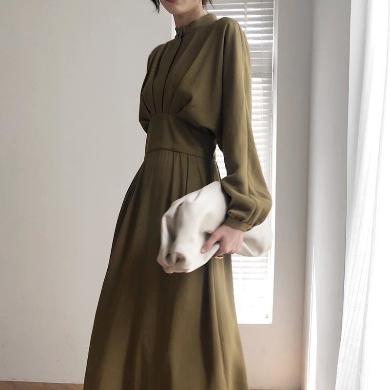 Vintage Long Sleeve Sophisticated Autumn Bodycon Dress Slimming Pleated Stand Collar Midi Dress