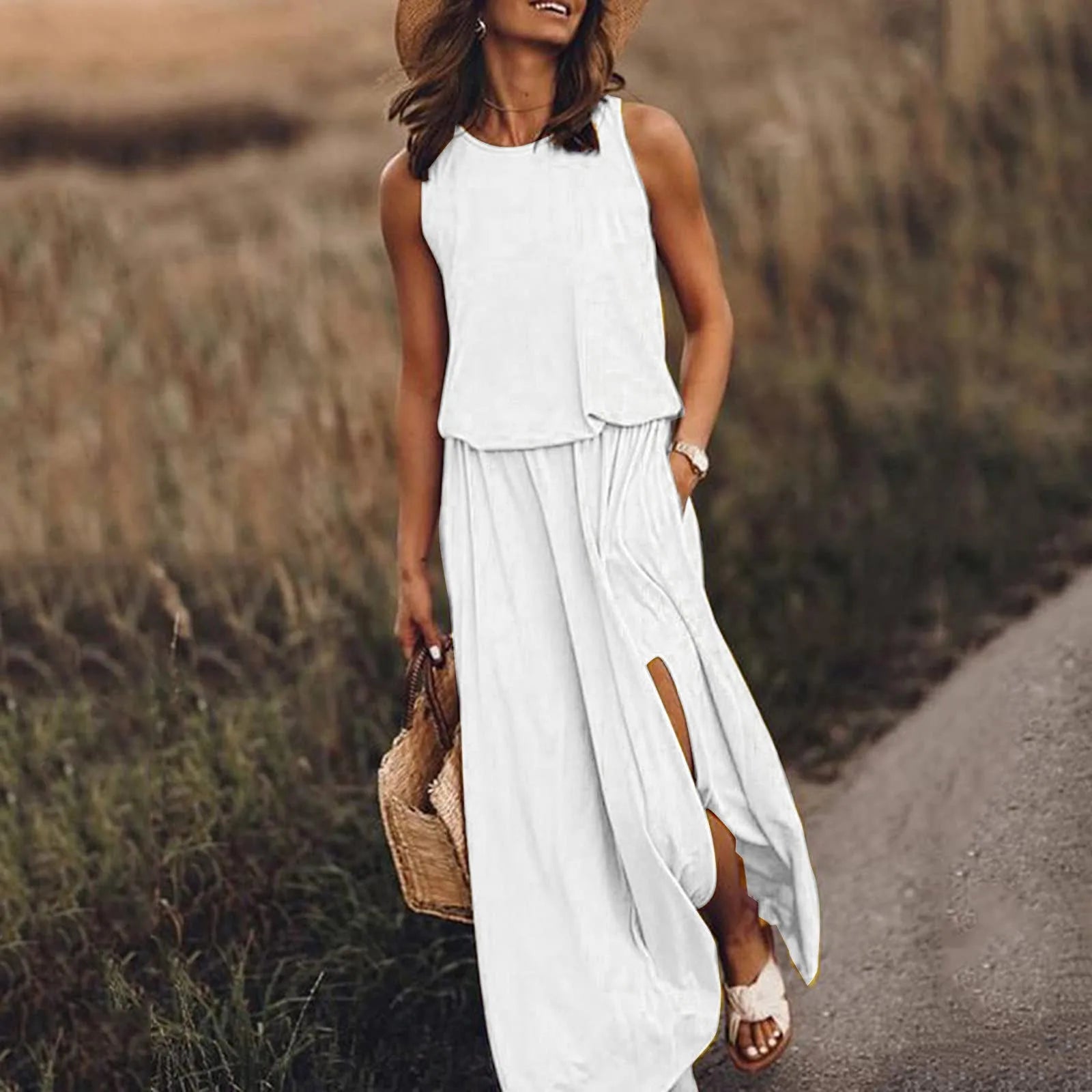 2024 Graceful Solid Color Boho Wedding Long Boho Dress
