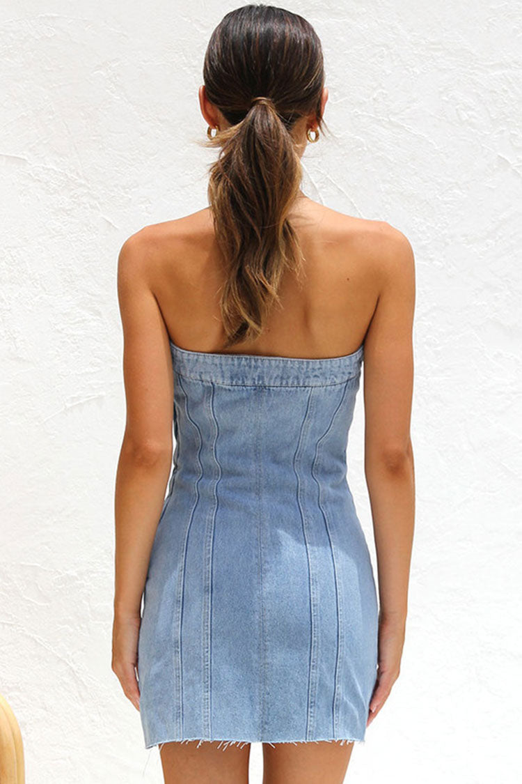 Retro Distressed Banded Strapless Denim Bodycon Mini Dress - Light Blue