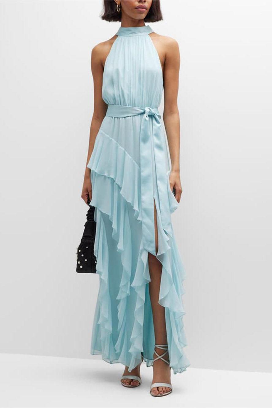 Sleeveless Chiffon Frill Split Midi Dress With Belt