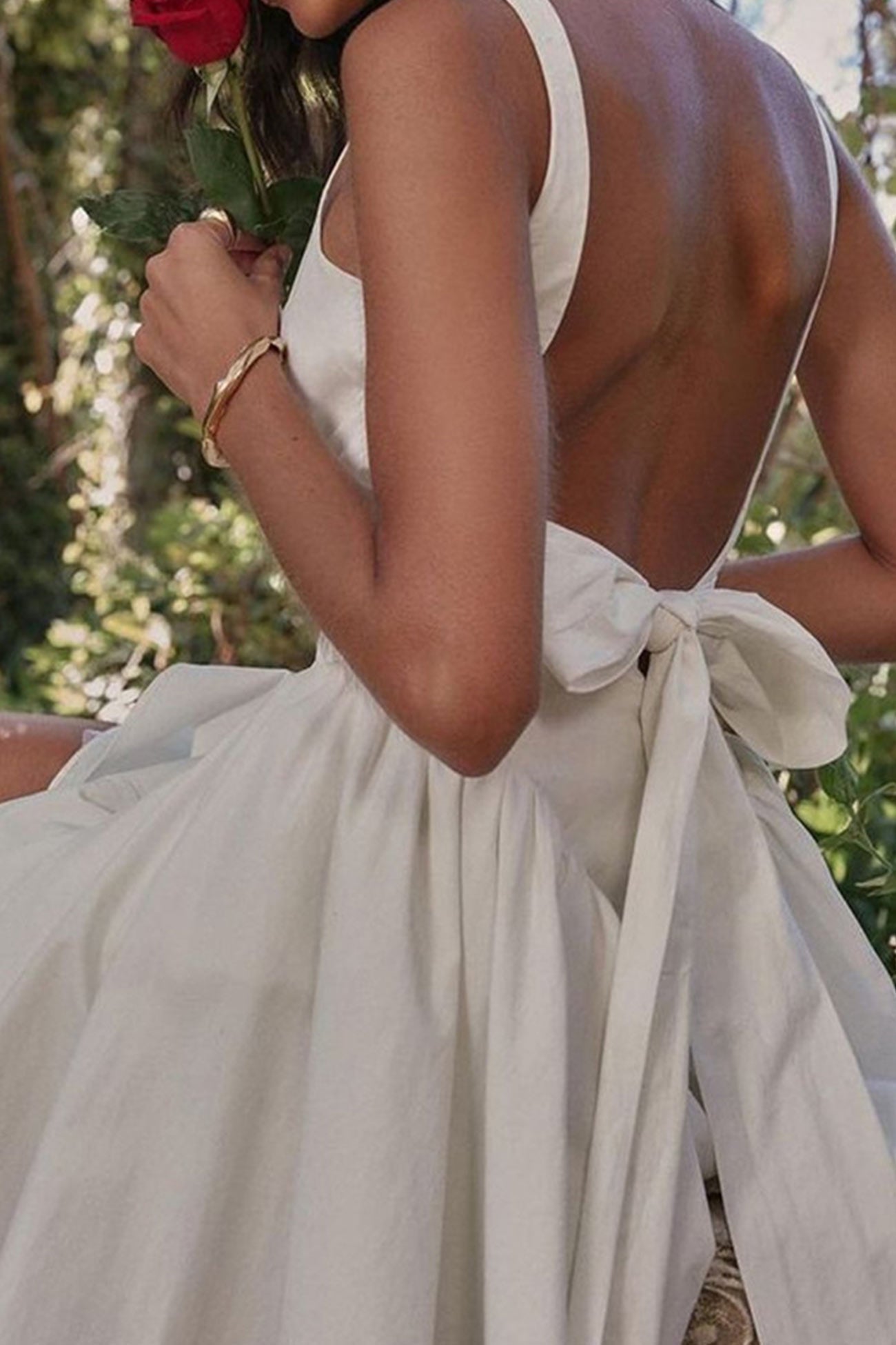 Backless White Tie-back Ruched Dress
