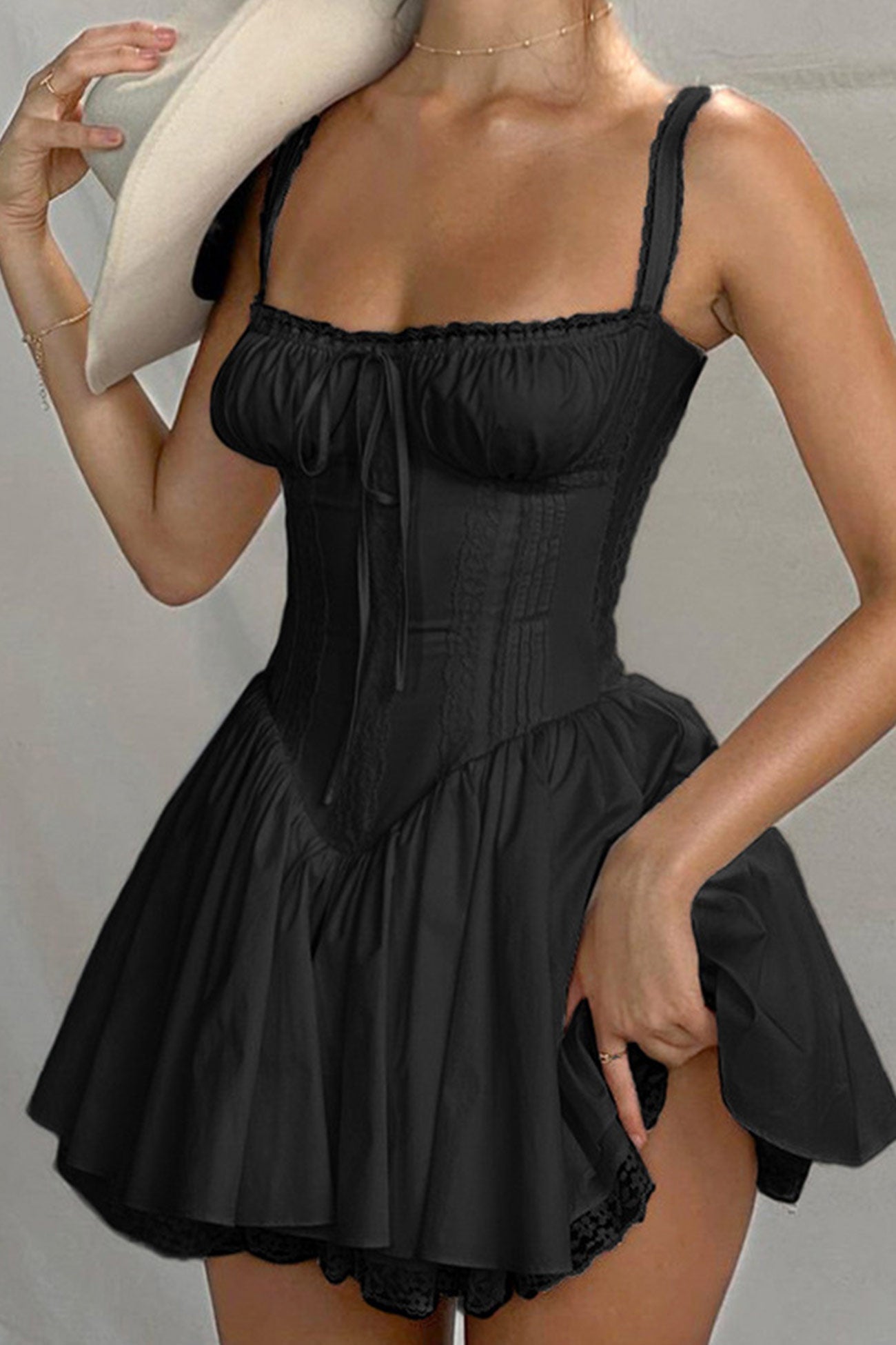 Lace White Stitching Strappy Ruched Cami Dress