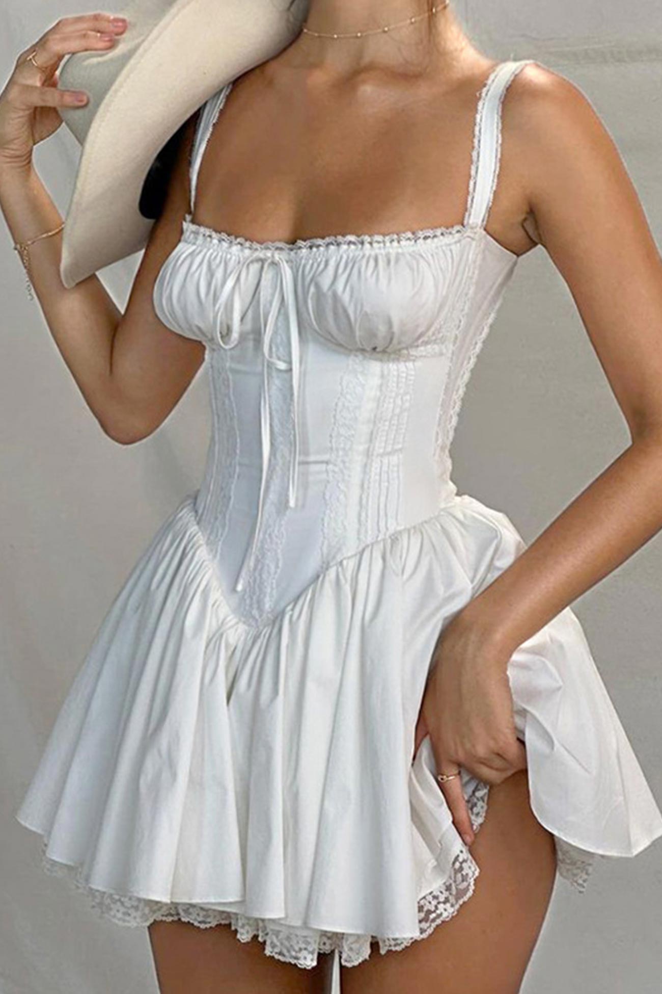 Lace White Stitching Strappy Ruched Cami Dress