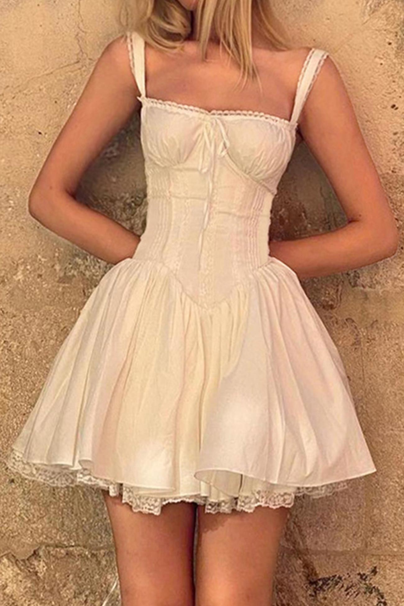 Lace White Stitching Strappy Ruched Cami Dress