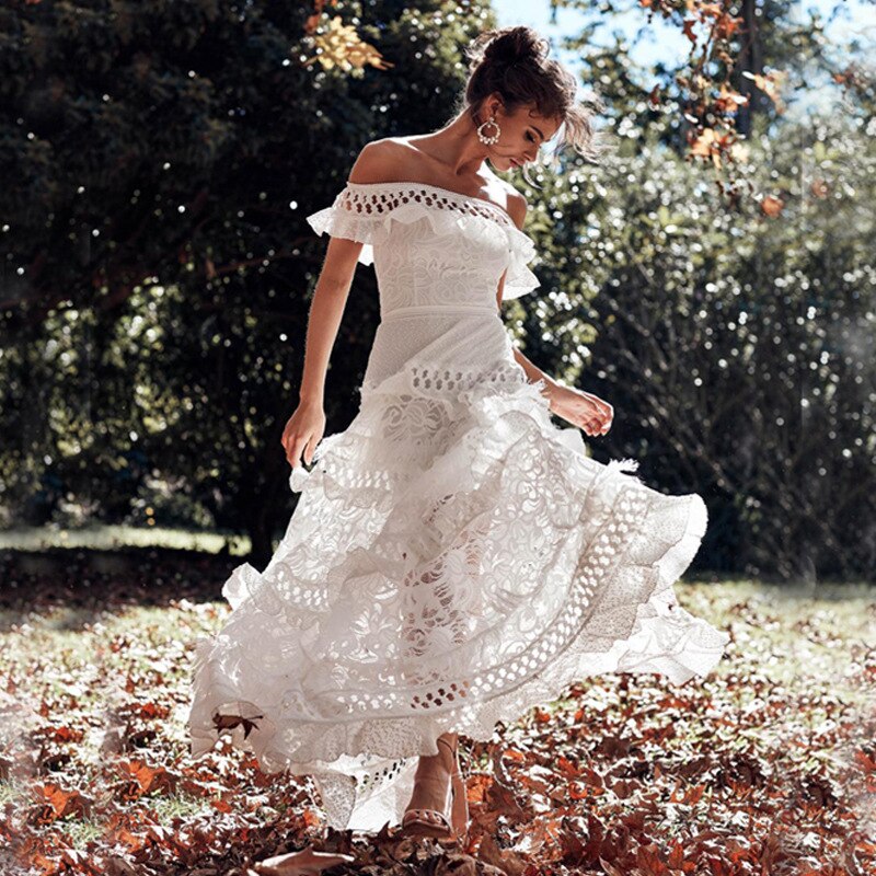 Kissnovaa - White Prom Dresses Lace Off Shoulder Ruffles Midi Dresses