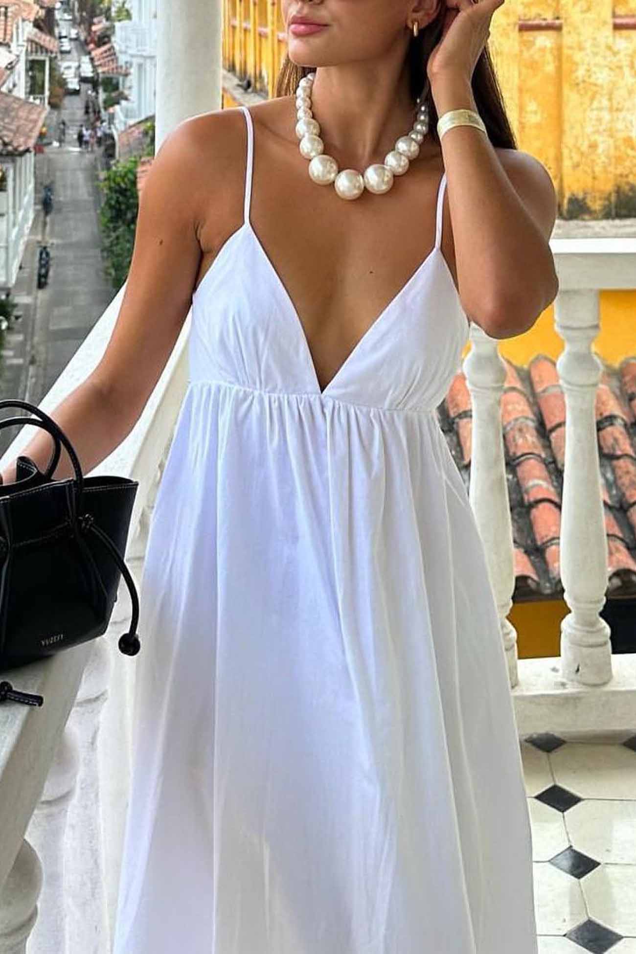 V White Neck Backless Cami Midi Dress