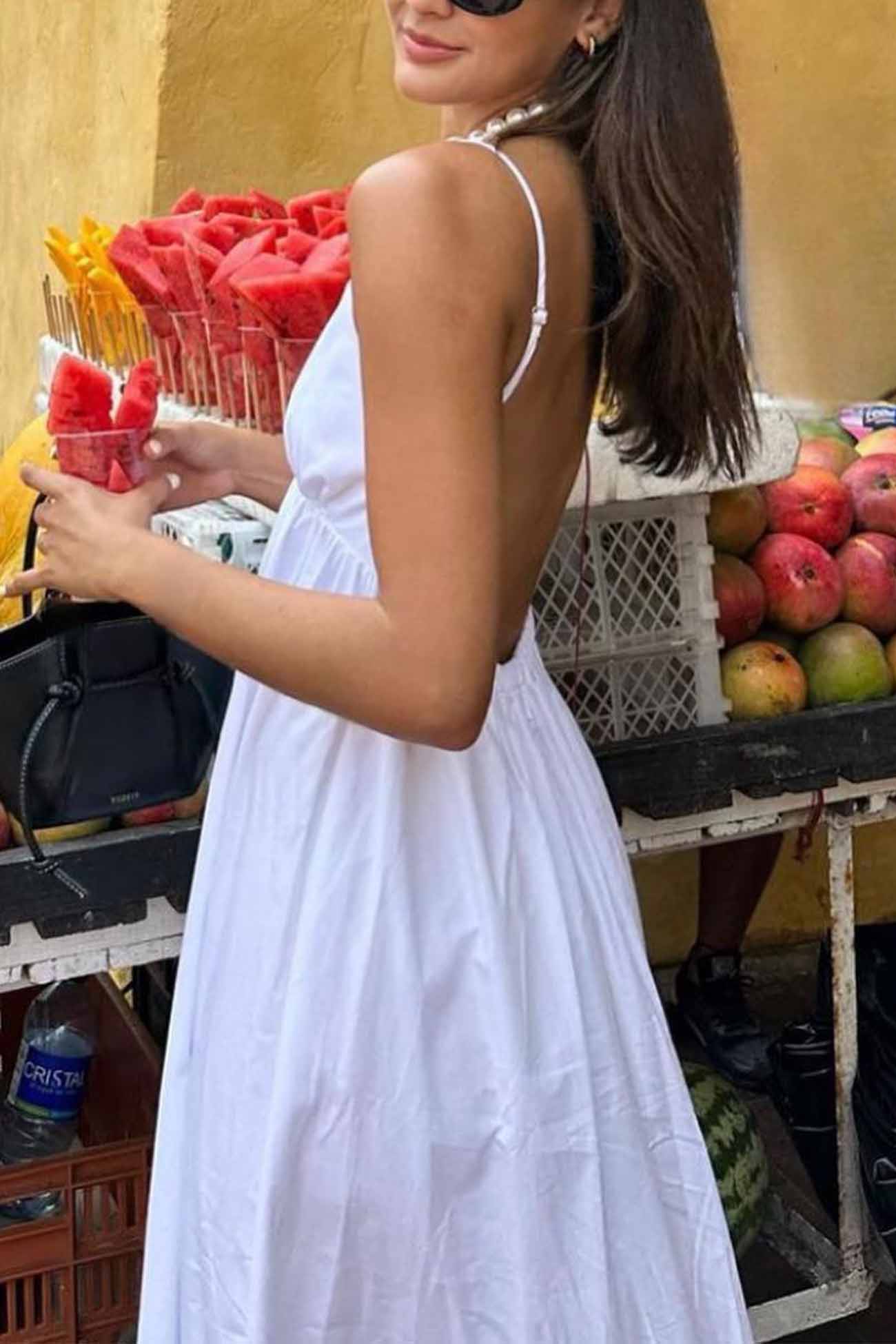 V White Neck Backless Cami Midi Dress