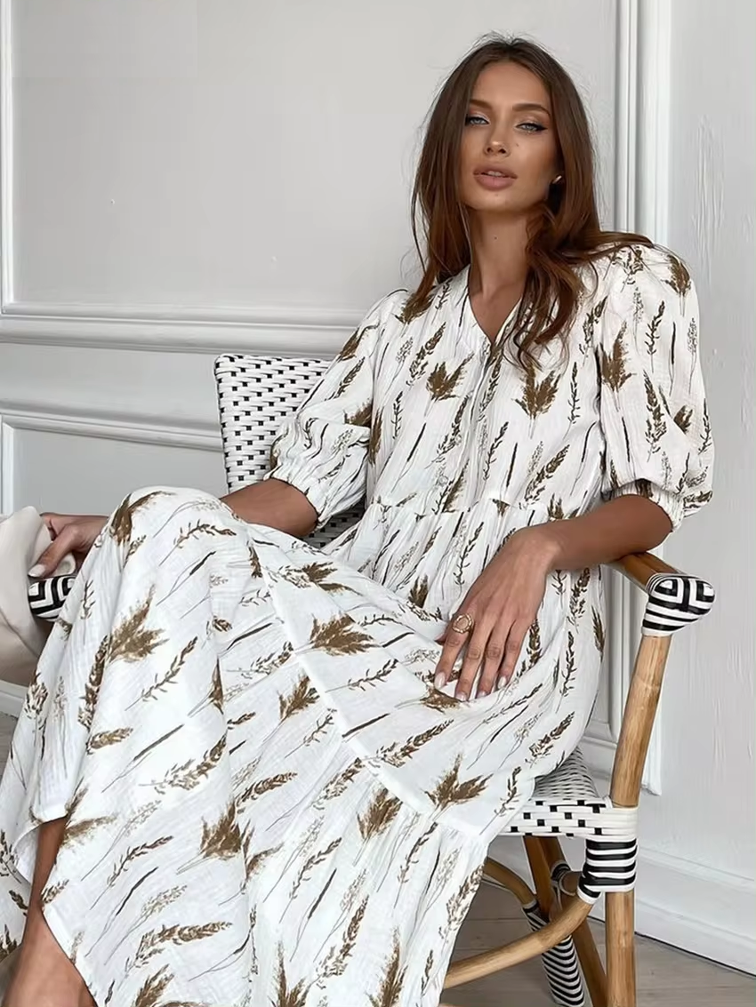 Isolda Summery Midi Dress with a V-neck for Women Relaxed Daywear