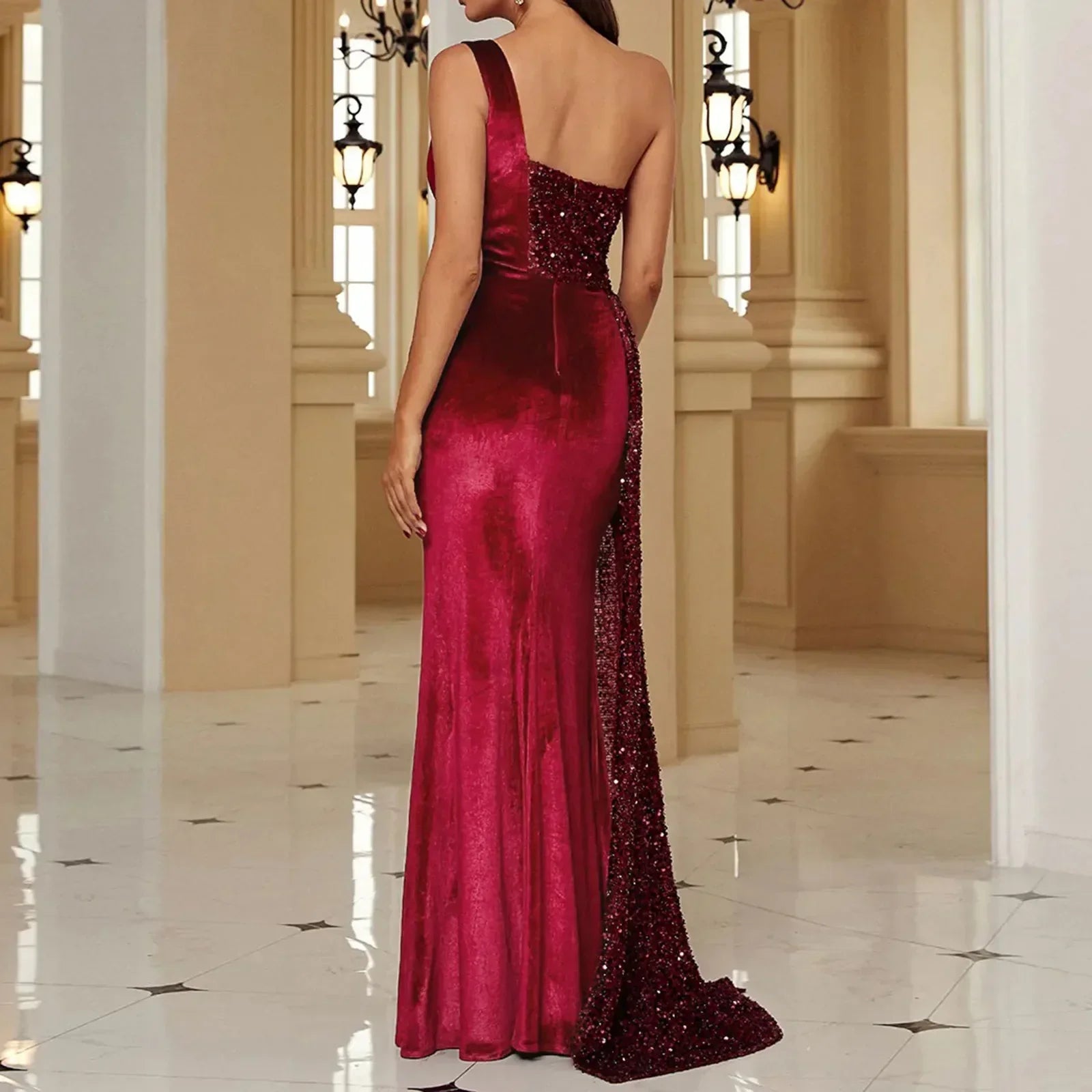 Graceful One Shoulder Draped Split Wedding Party Prom Formal Long Gown Party Dress