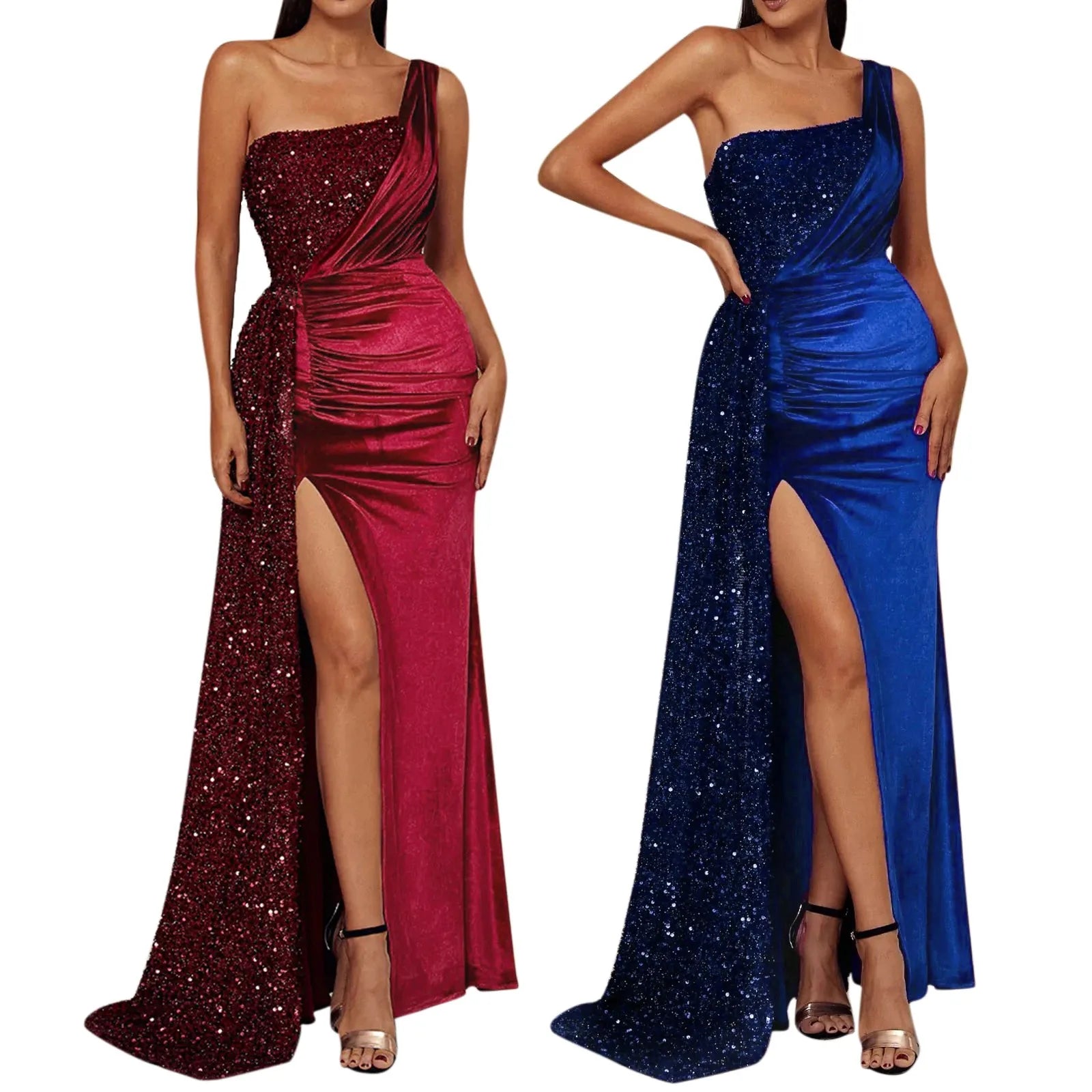 Graceful One Shoulder Draped Split Wedding Party Prom Formal Long Gown Party Dress
