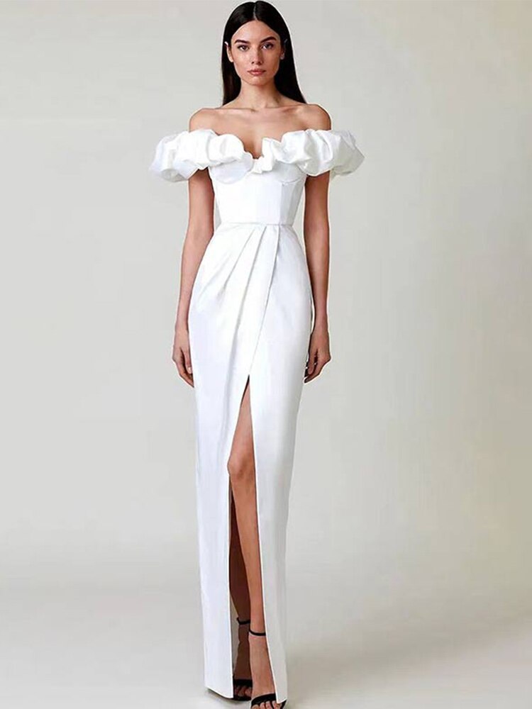 Kissnovaa - One-Shoulder Puff Sleeve Wrap Chest Slit Long Dress