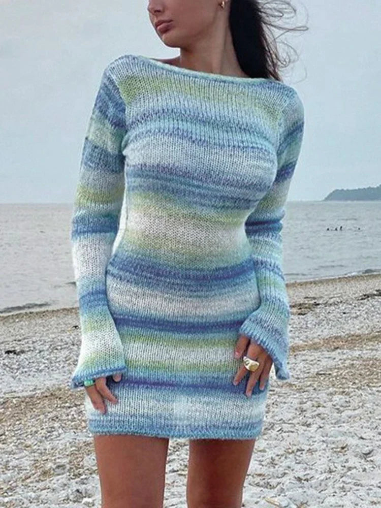 Backless Women Long Striped Knit Mini Midi Dresses