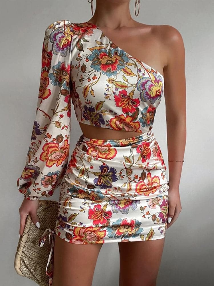 Women Fashion Bloom Print Cutout Lantern Long Sleeve Dress