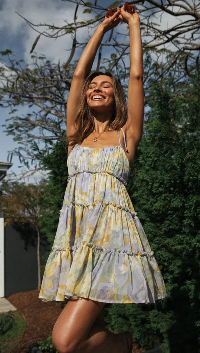 Collar Square Sleeveless LaceUp Chiffon Holiday Midi Dress