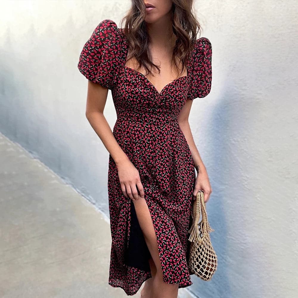 Women Refined Floral Print Summer Dress Vneck Puff Sleeve Split Midi Dress
