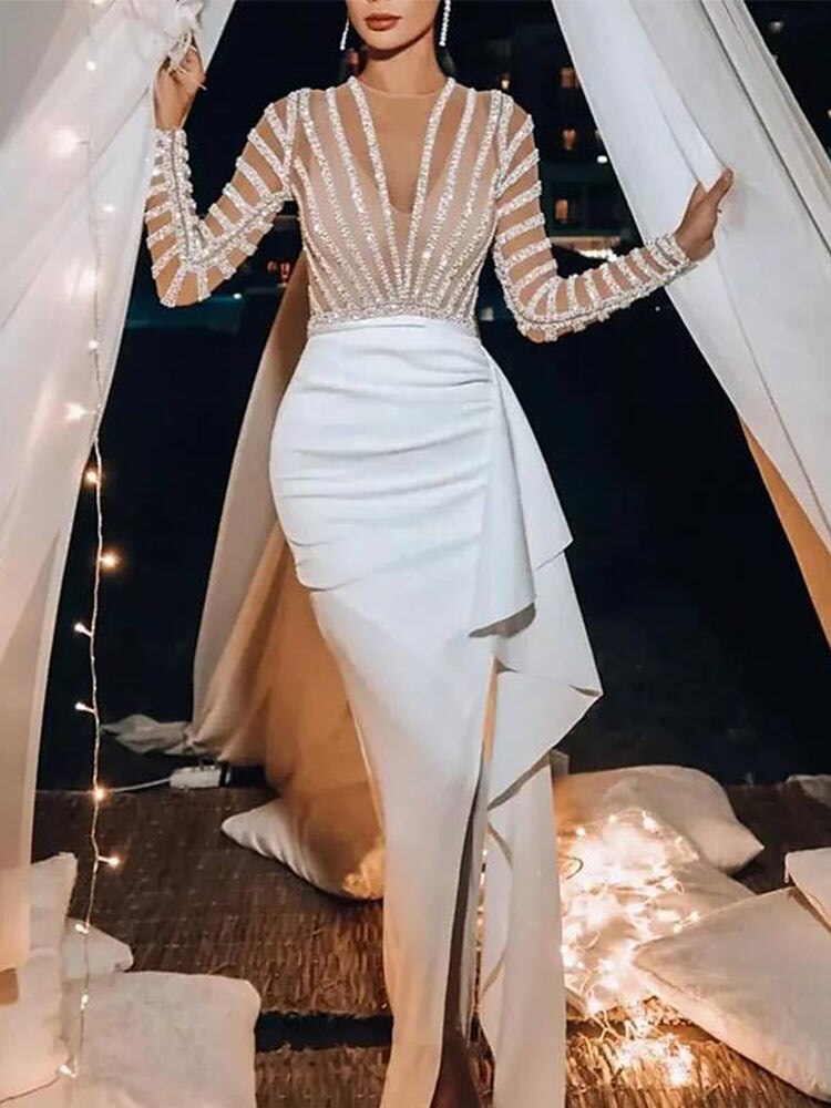 Kissnovaa - Splic Sequins Lace Embroidery Irregular Maxi Dress