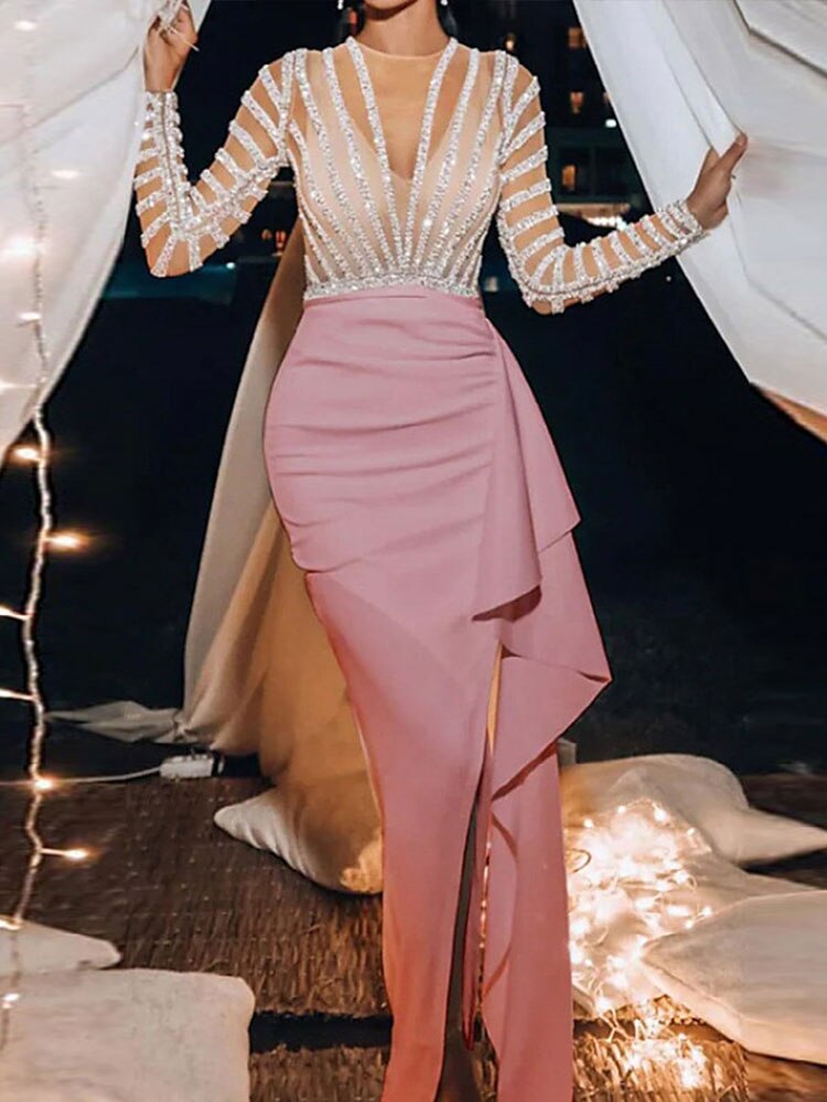 Kissnovaa - Splic Sequins Lace Embroidery Irregular Maxi Dress