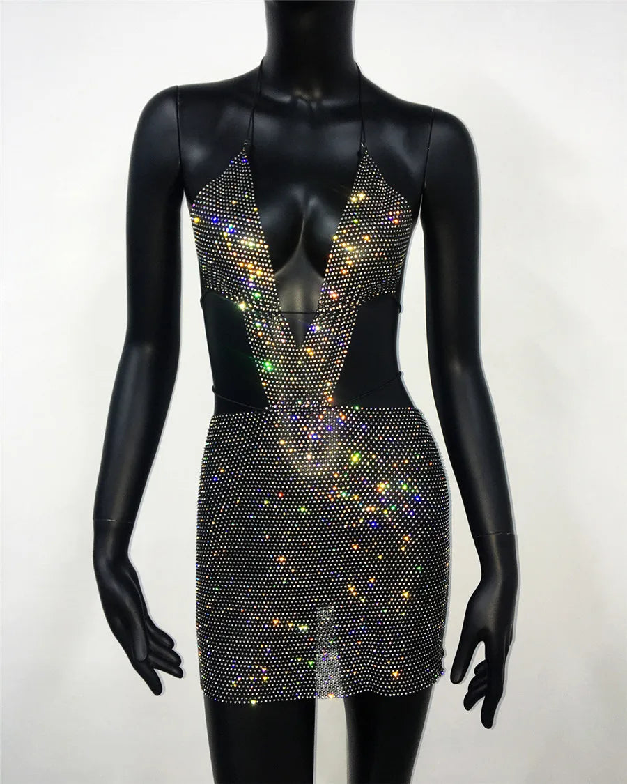 Diamond Glitter Backless Halter Neck Mini Dress Cut Out Dresses