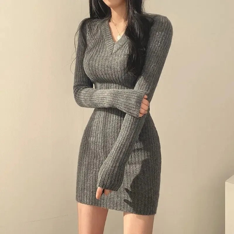 Women Knit VNeck Long Solid Relaxed Sweater Autumn Winter Midi Dresses