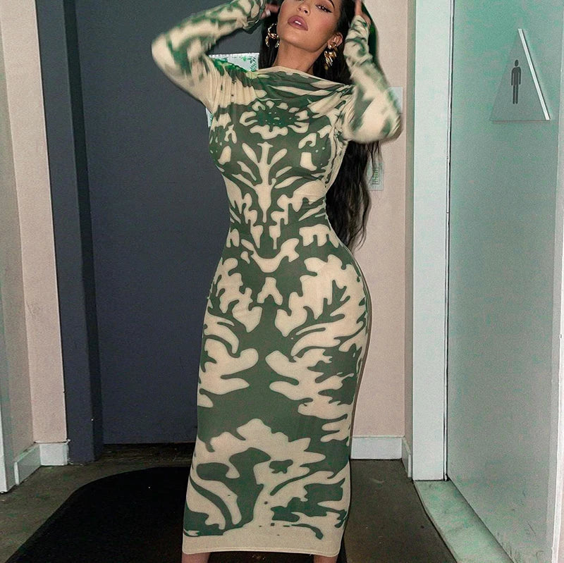 High Backless Waist Fashion Long Sleeve Midi Dress