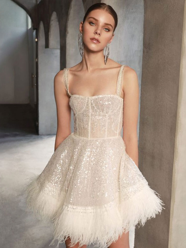 Kissnovaa - Off Shoulder Slip Feather Sequin Sleeveless Dress
