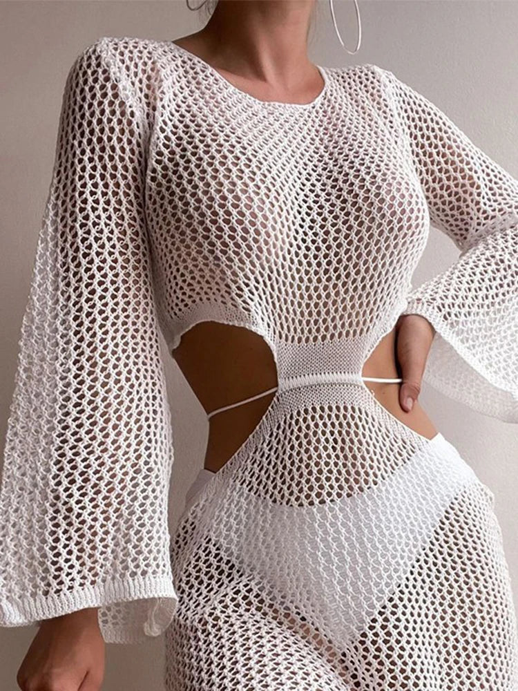 White Women Cutout Long Cover Up Midi Dresses