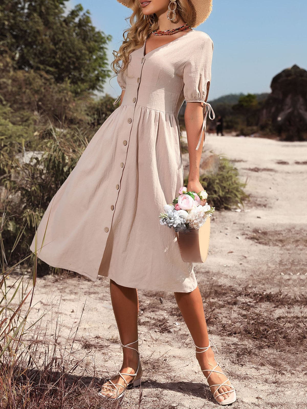 Women Retro Holiday V Neck Buttons High Waist ALine Casual Dress