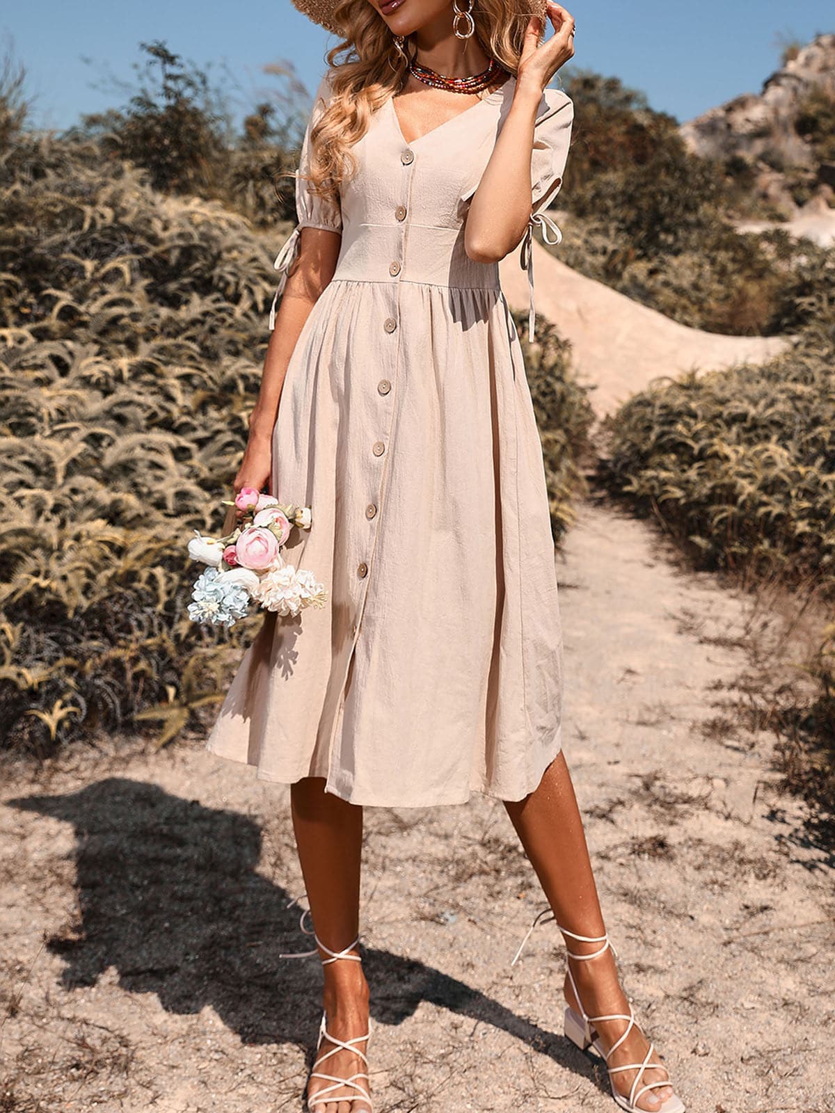 Women Retro Holiday V Neck Buttons High Waist ALine Casual Dress