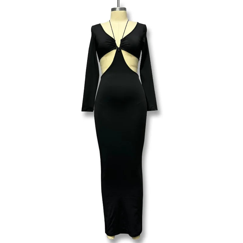 Women's Black Autumn Long Sleeve Vneck Female Relaxed Party Club Y2k Vestidos Traf Midi Dresses