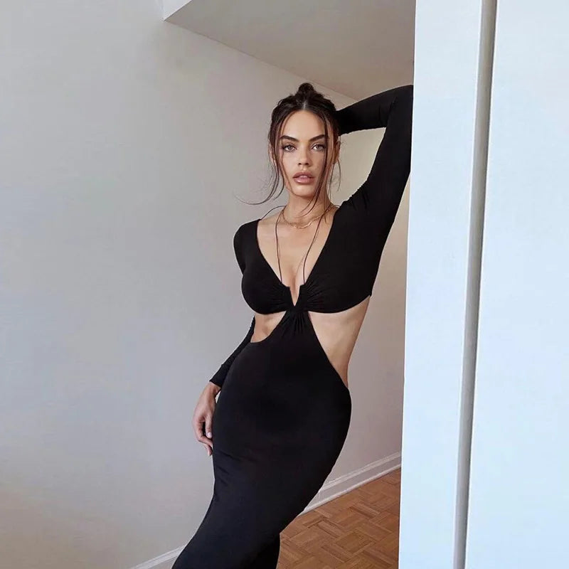Women's Black Autumn Long Sleeve Vneck Female Relaxed Party Club Y2k Vestidos Traf Midi Dresses