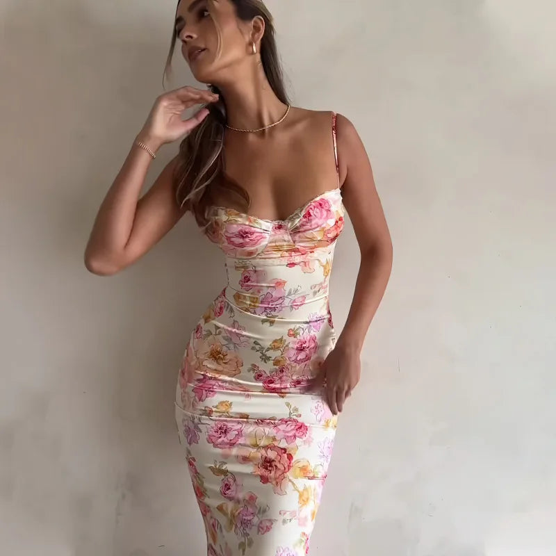 Bodycon Women's Slimfit Halter Summer Fashion Print Traf Fit Midi Dresses
